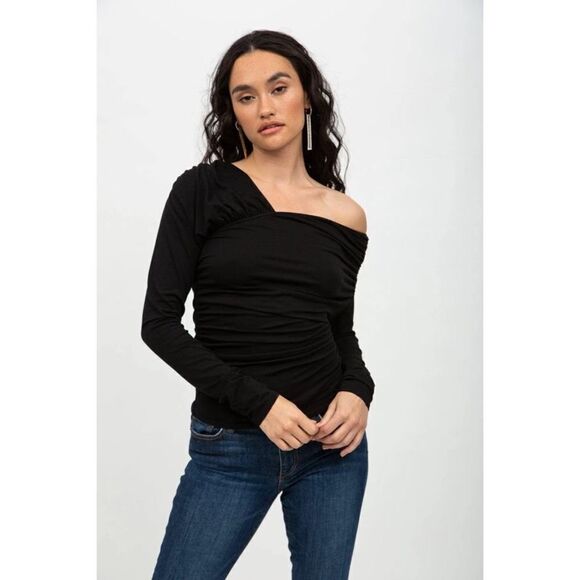 NWT N:PHILANTHROPY IMOGEN Off shoulder SMOCKED ASYMMETRICAL Top Blouse Small Bla - Picture 1 of 11